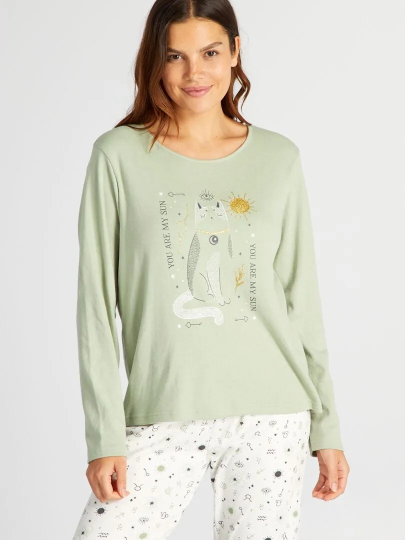 CONJUNTO DE PIJAMA LARGO CAMISETA + PANTALóN DE PUNTO  2 PIEZAS  VERDE